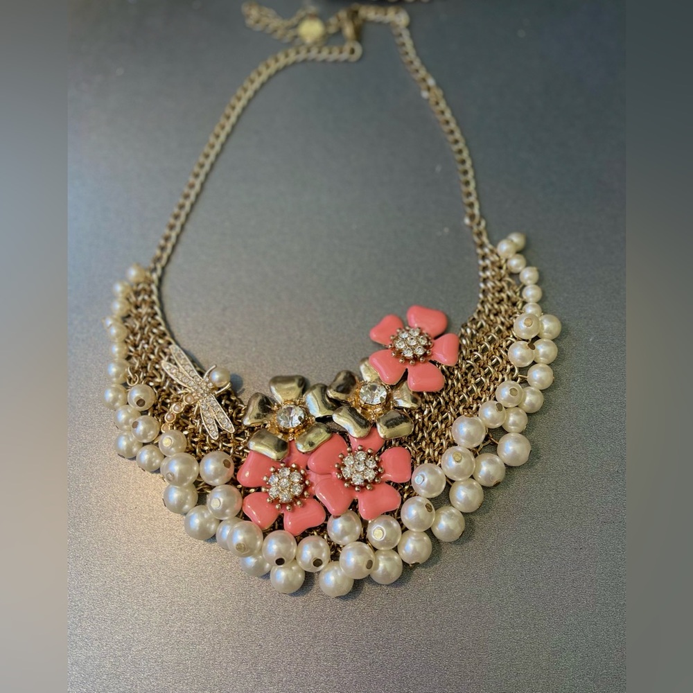 Pearl Beads Pink Gold Rhinestone Flower Dragonfly Bib Necklace by Talbots